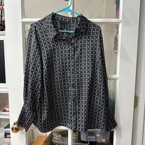 Halogen Black and White Geometric Patterned Blouse with Bell Sleeves, 1X
